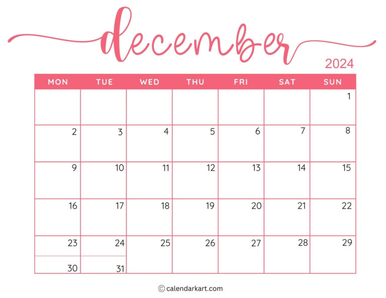 40 Printable December 2024 Calendars | Free Pdf - Calendarkart | Calendar 2024 December Printable Mon-Sun