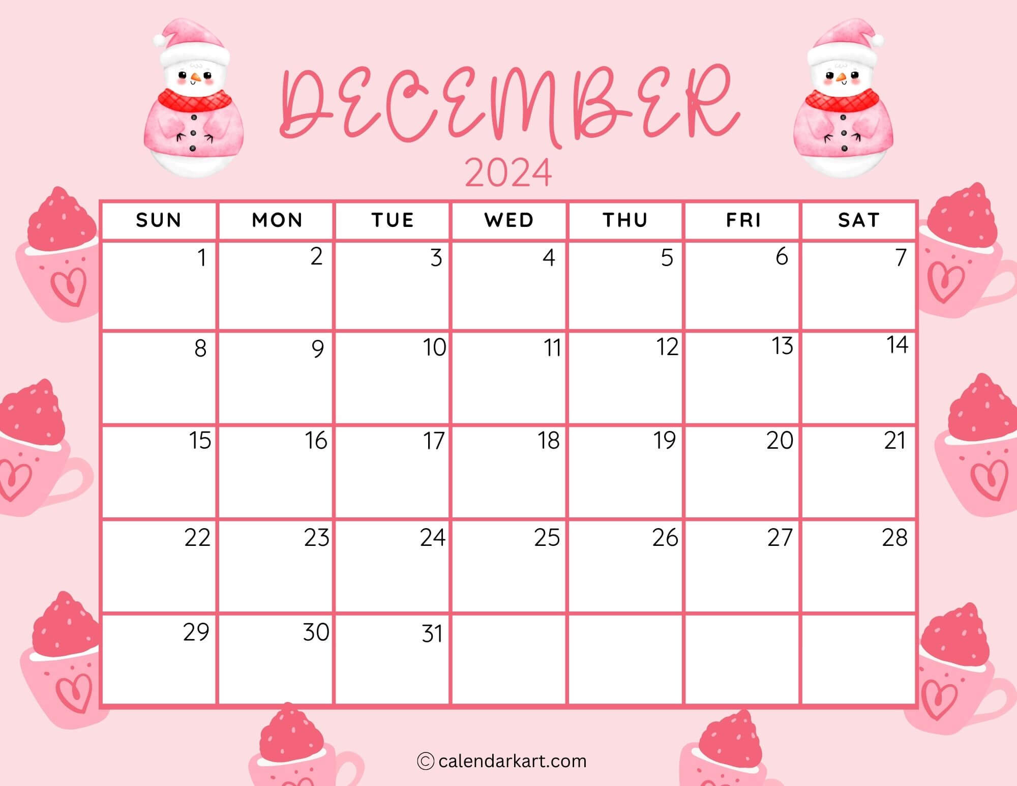 40 Printable December 2024 Calendars | Free Pdf - Calendarkart | Cute December 2024 Calendar Free Printable