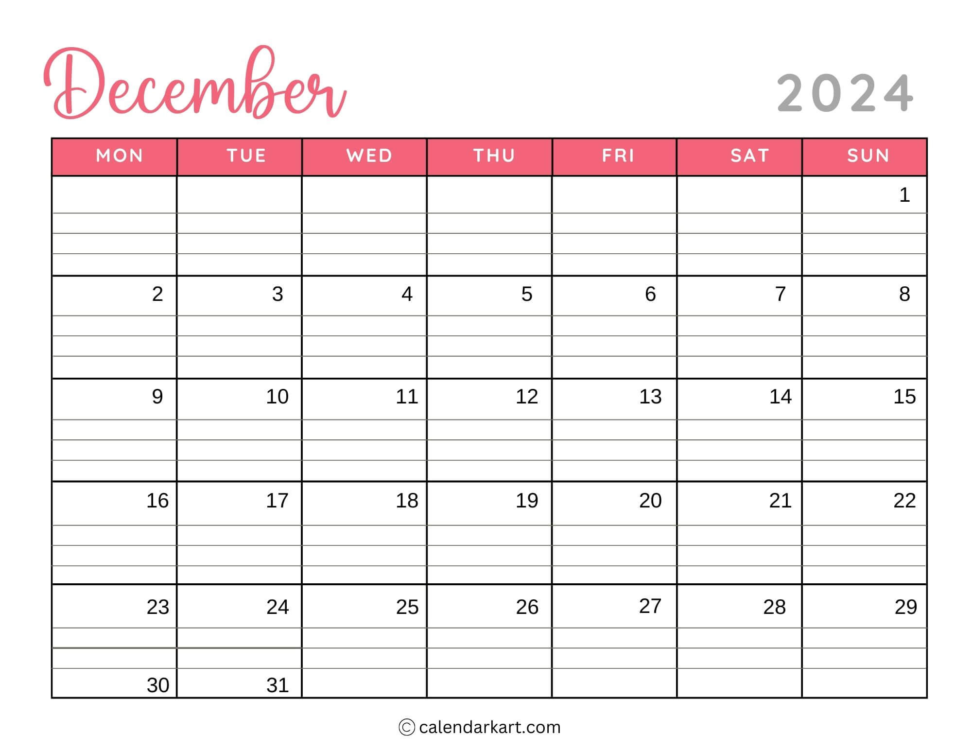 40 Printable December 2024 Calendars | Free Pdf - Calendarkart | December 2024 Calendar Printable Doc