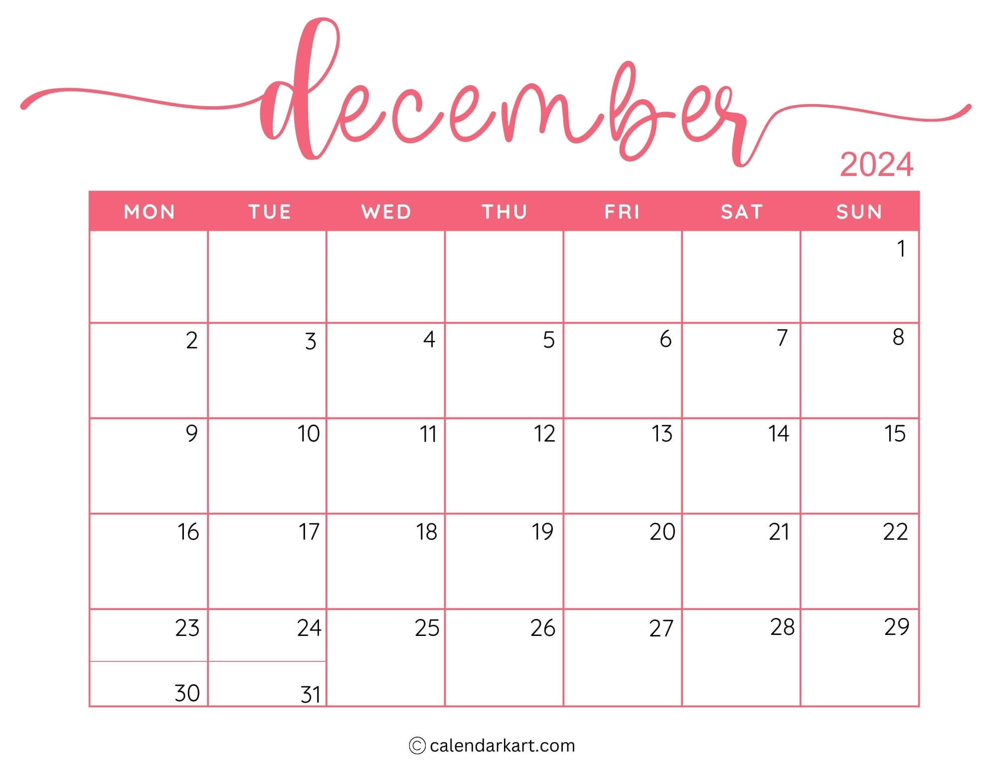 40 Printable December 2024 Calendars | Free Pdf - Calendarkart | December 2024 Calendar Start On Monday Printable