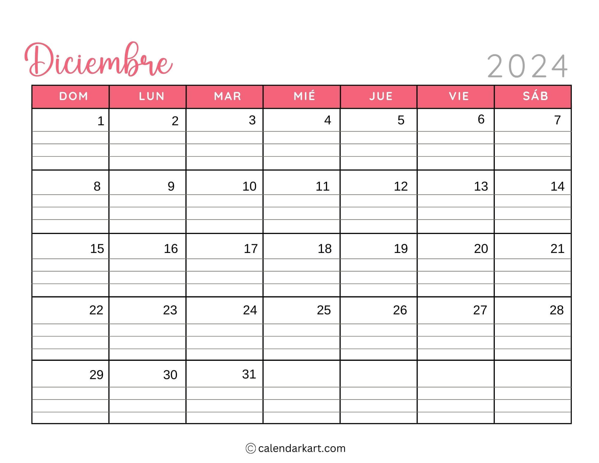 40 Printable December 2024 Calendars | Free Pdf - Calendarkart | December 2024 Calendar With Lines Printable