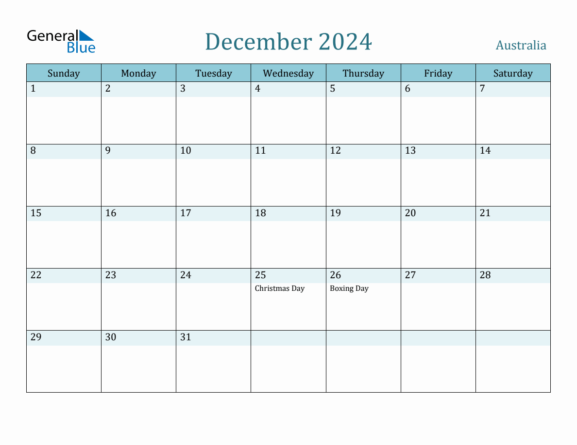 Australia Holiday Calendar For December 2024 | December 2024 Calendar Australia Printable