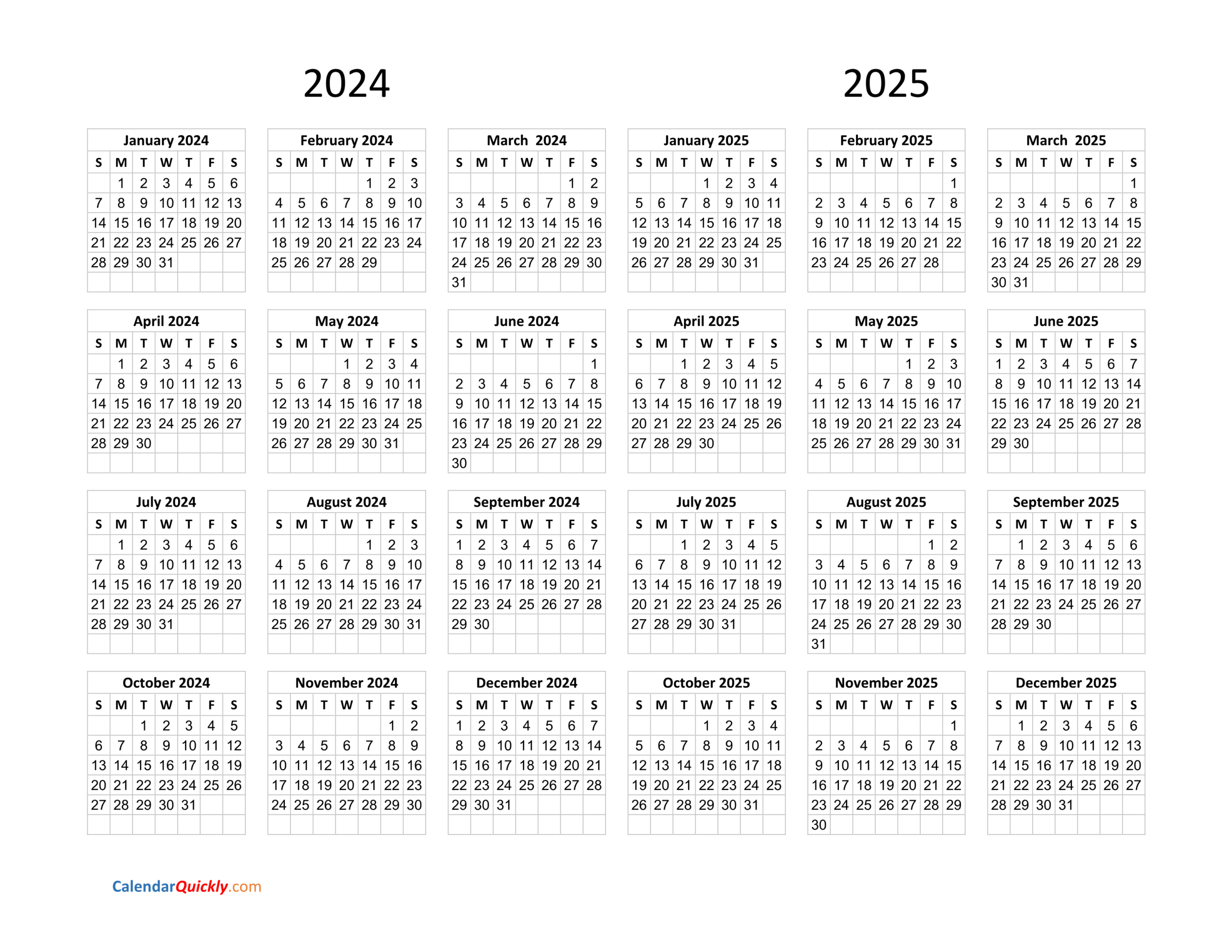 Calendar 2024 And 2025 On One Page | Calendar Quickly | 2024 and 2025 Calendar Printable December