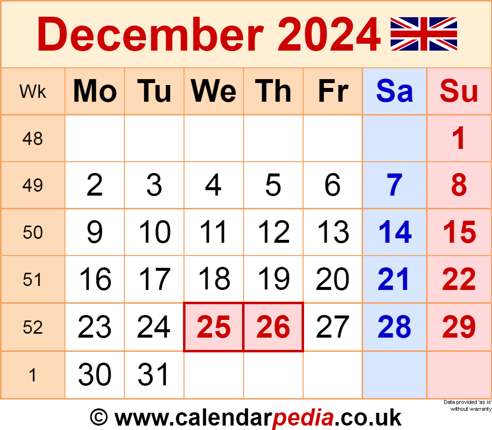 Calendar December 2024 Uk With Excel, Word And Pdf Templates | Calendar 2024 December UK Printable