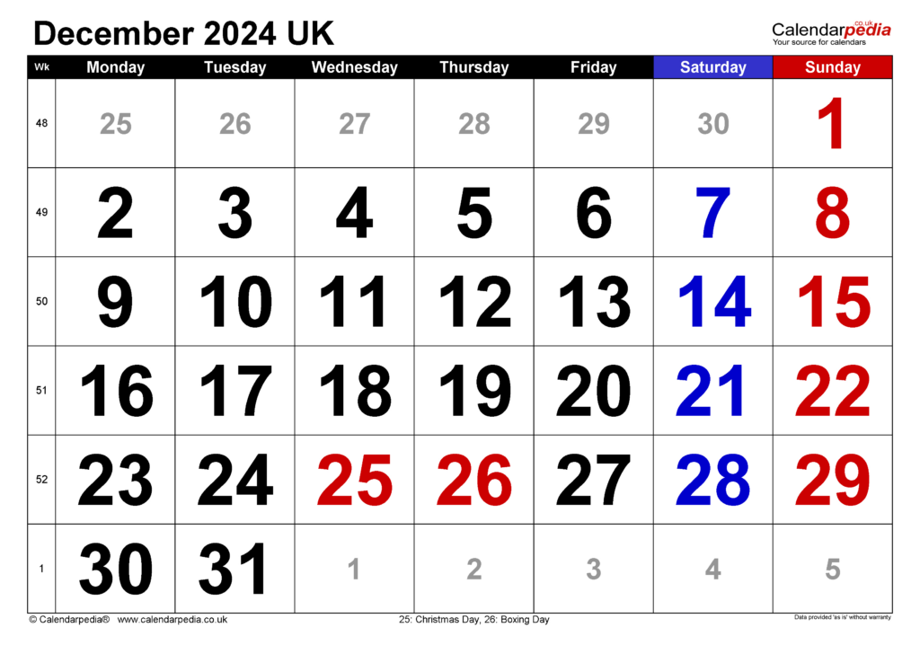 Calendar December 2024 Printable UK Printable Calendar 2024