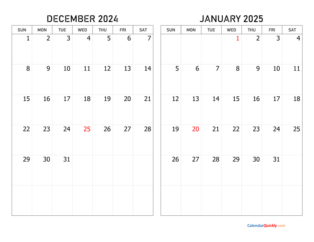 December 2024 and January 2025 Calendar Printable Printable Calendar 2024