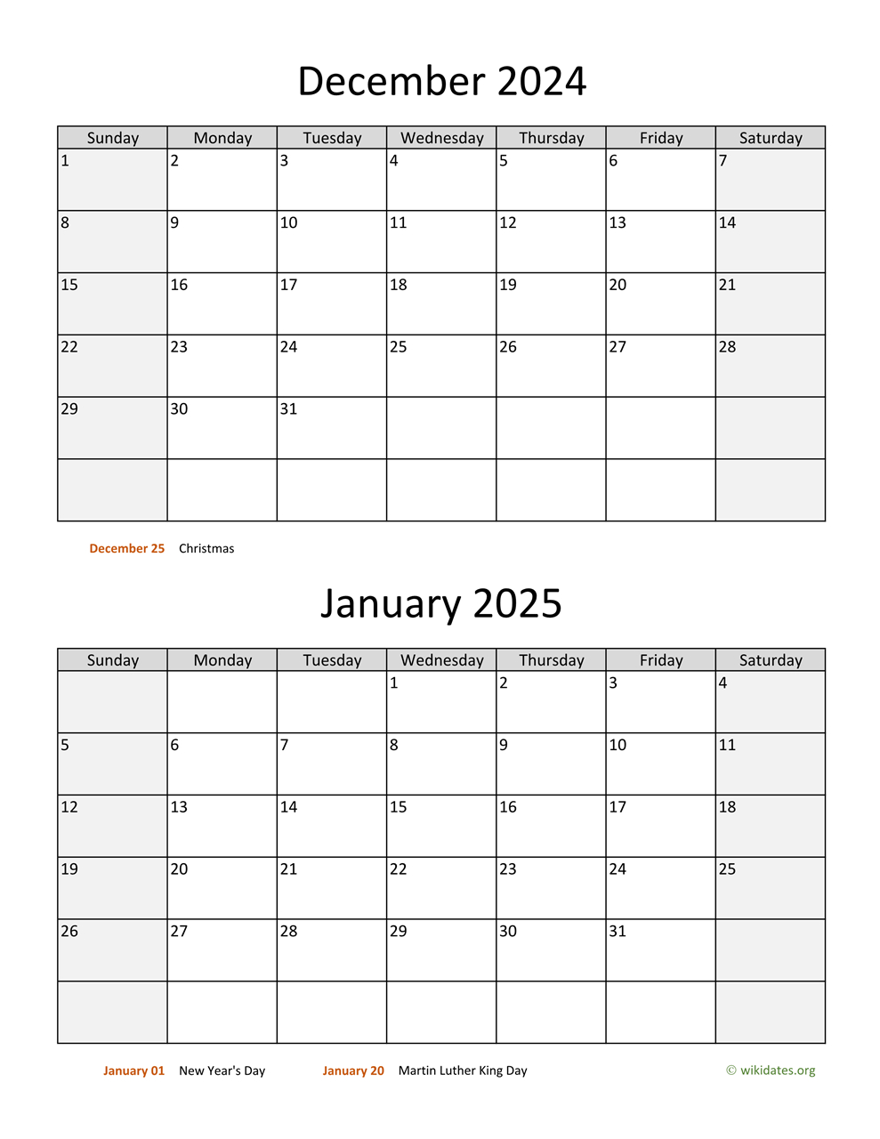 December 2024 And January 2025 Calendar | Wikidates | 2024 and 2025 Calendar Printable December