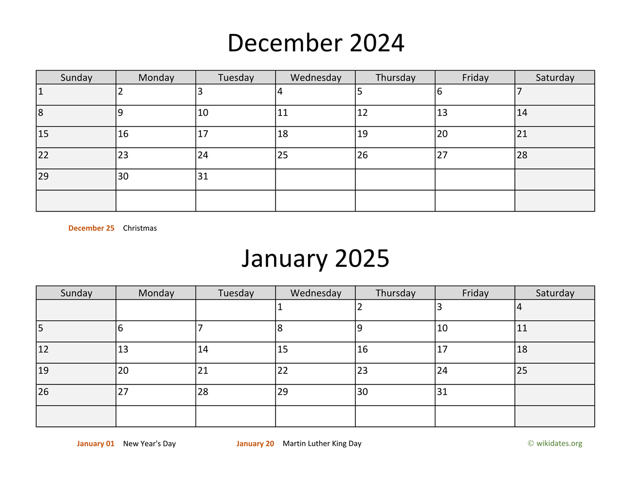 December 2024 And January 2025 Calendar | Wikidates | November December 2024 And January 2025 Printable Calendar