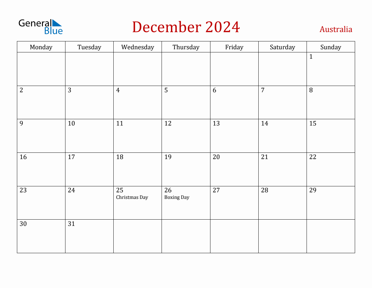 December 2024 Australia Monthly Calendar With Holidays | December 2024 Calendar Printable Australia