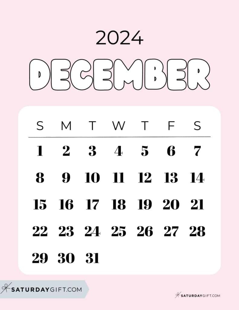 December 2024 Calendar - 20 Cute &amp;amp; Free Printables | Saturdaygift | Aesthetic Cute December 2024 Calendar Printable