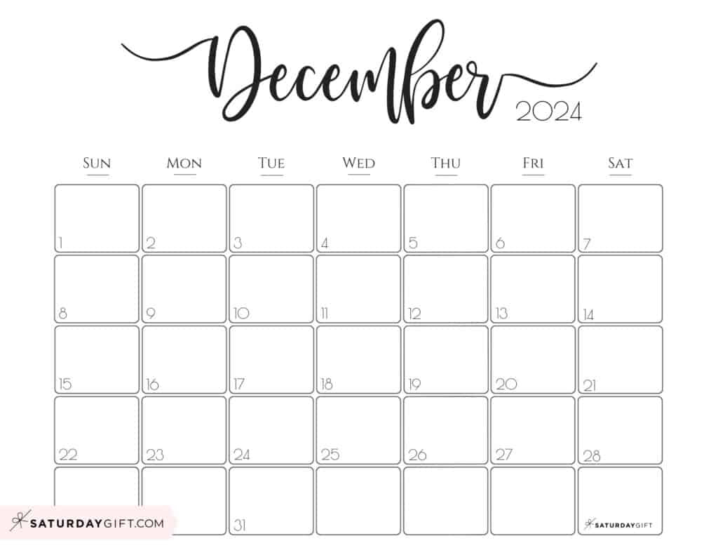 December 2024 Calendar - 20 Cute &amp;amp; Free Printables | Saturdaygift | Black December 2024 Calendar Printable