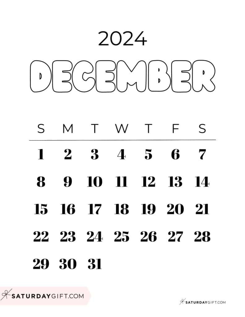 December 2024 Calendar - 20 Cute &amp;amp; Free Printables | Saturdaygift | Black December 2024 Calendar Printable