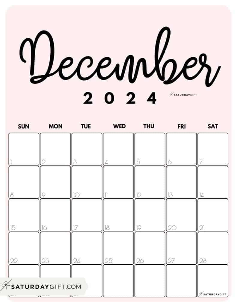 December 2024 Calendar - 20 Cute &amp;amp; Free Printables | Saturdaygift | Cute Free Printable Calendar December 2024