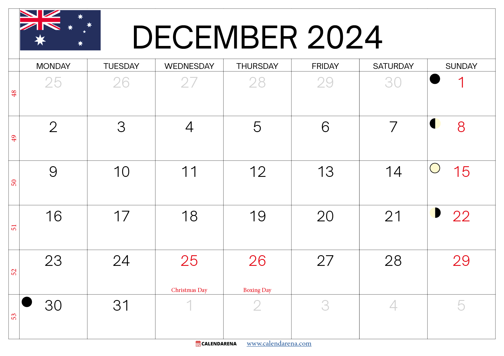 December 2024 Calendar Australia | 2024 December Calendar Printable Australia