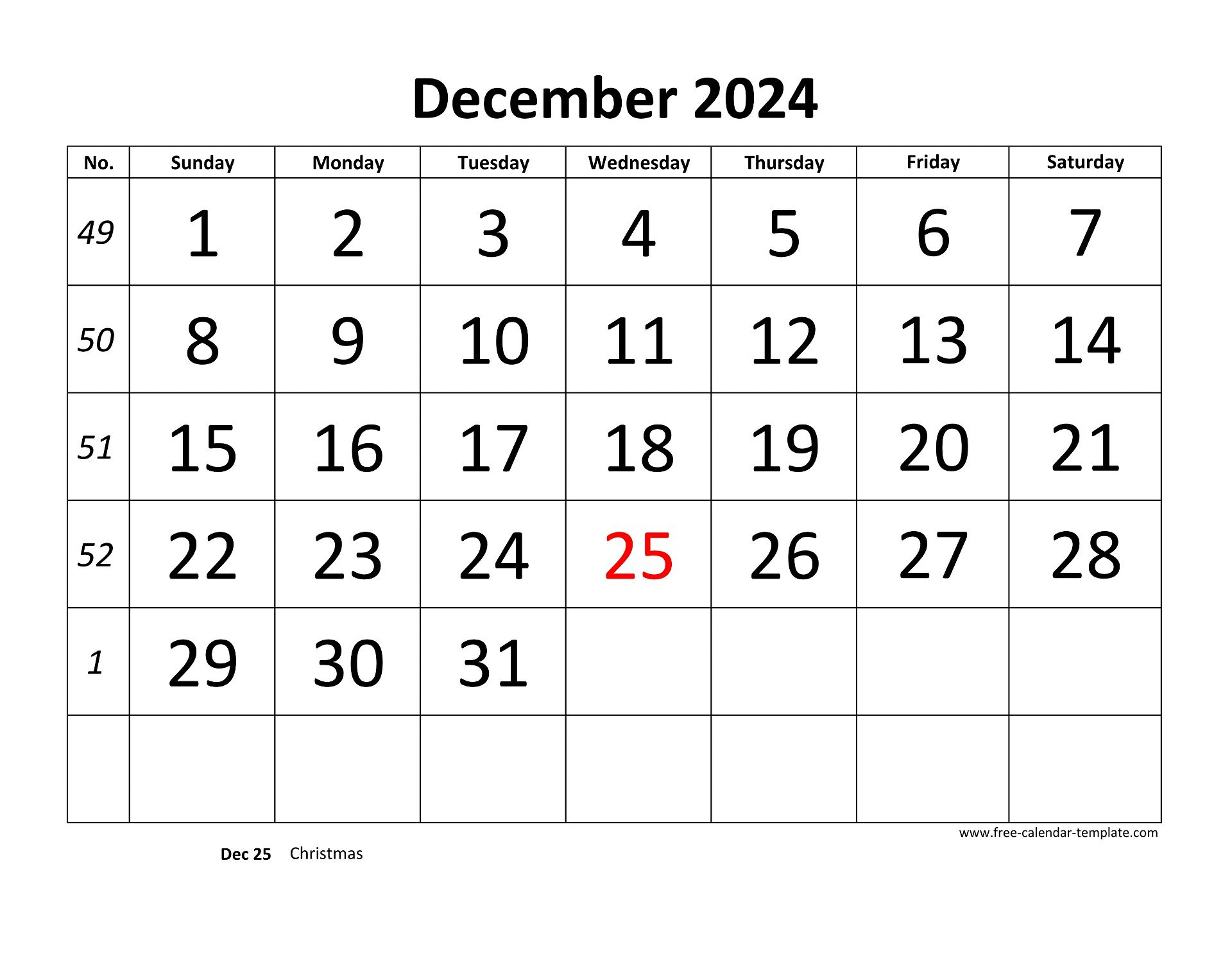 December 2024 Calendar Designed With Large Font (Horizontal | Big Printable Calendar December 2024