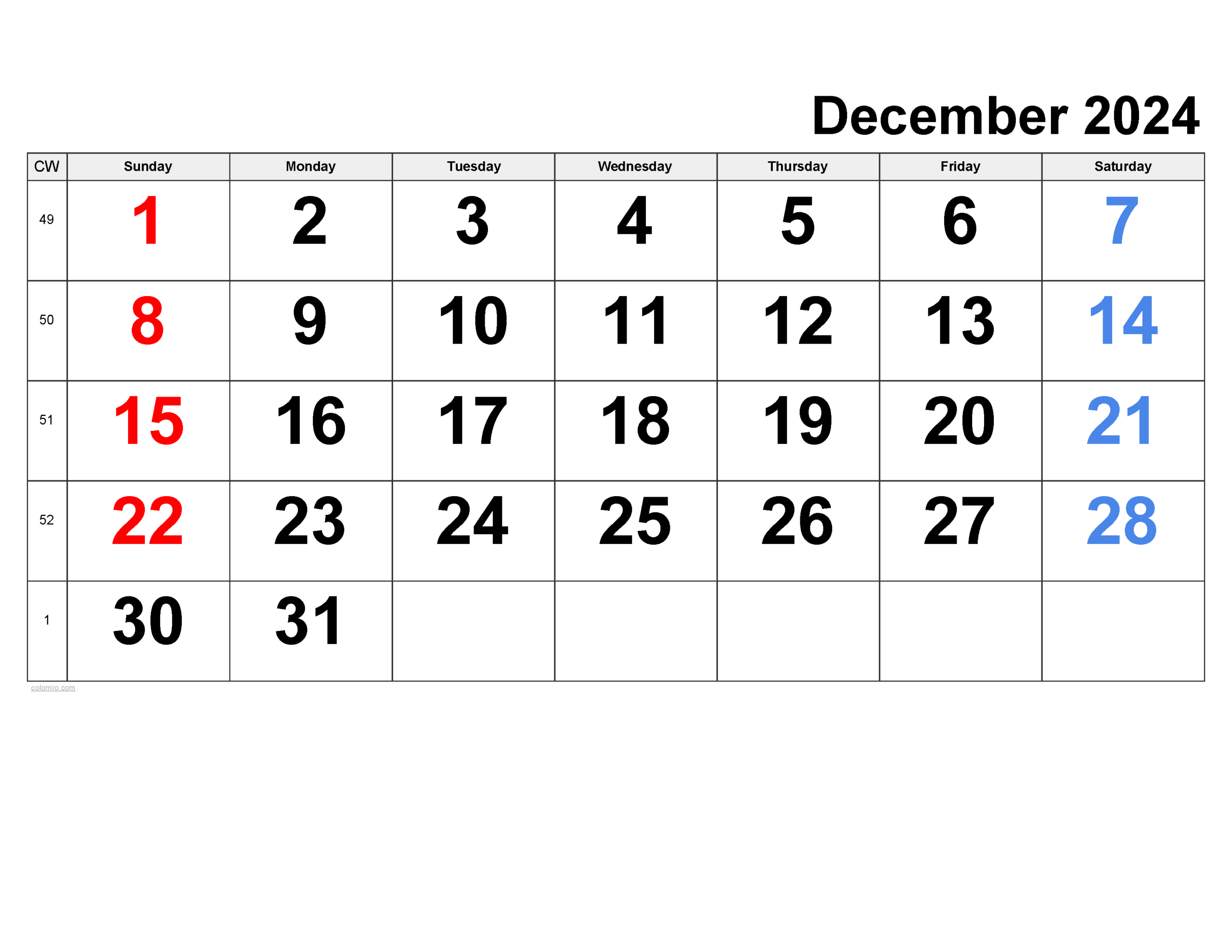 December 2024 Calendar | Free Printable Pdf, Xls And Png | 2024 December Calendar With Week Numbers Printable