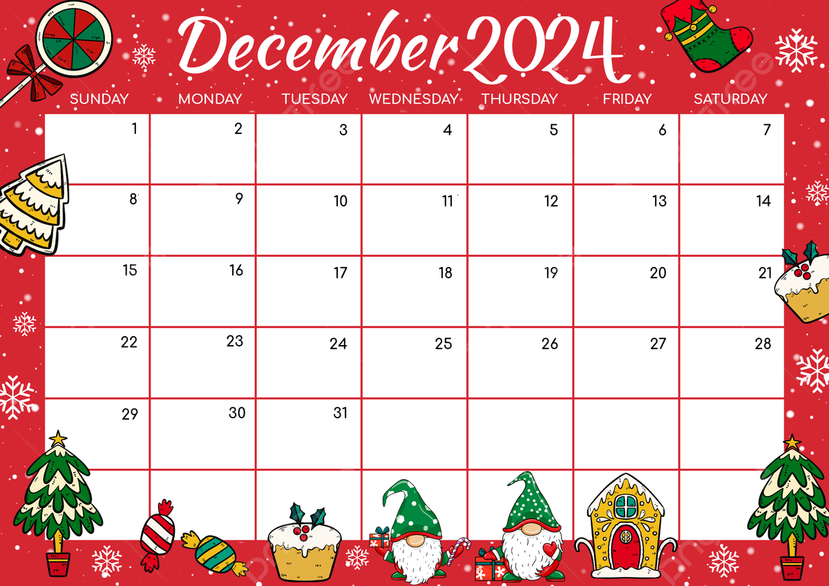 December 2024 Calendar Multicolor Cartoon Style Christmas Template | December 2024 Calendar Free Printable Clipart