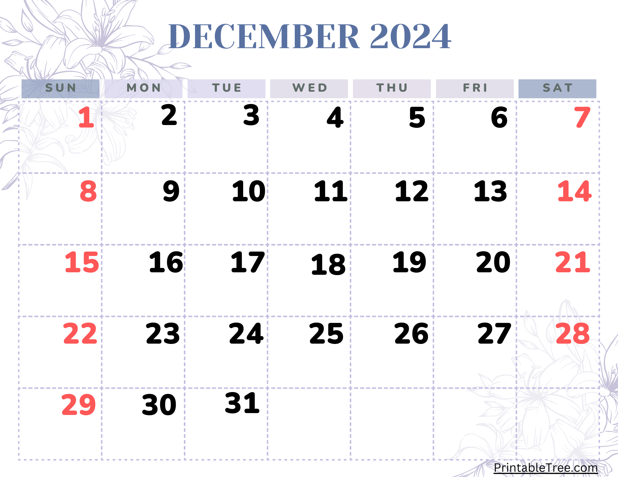 December 2024 Calendar Printable Pdf Blank Free Templates | December 2024 Calendar Numbers Printable