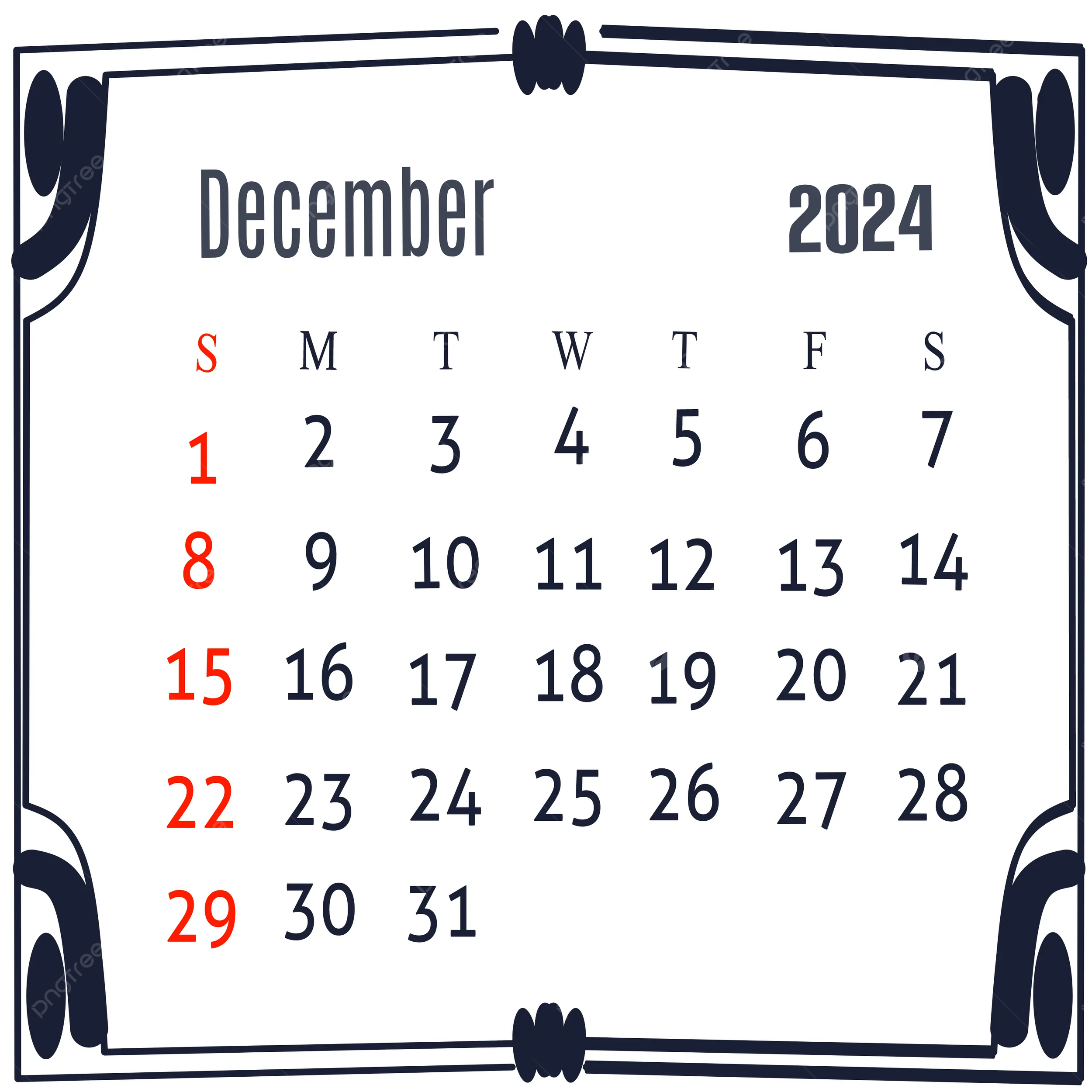 December 2024 Calendar With Navy Frame Illustration Design | December 2024 Calendar Printable Clipart