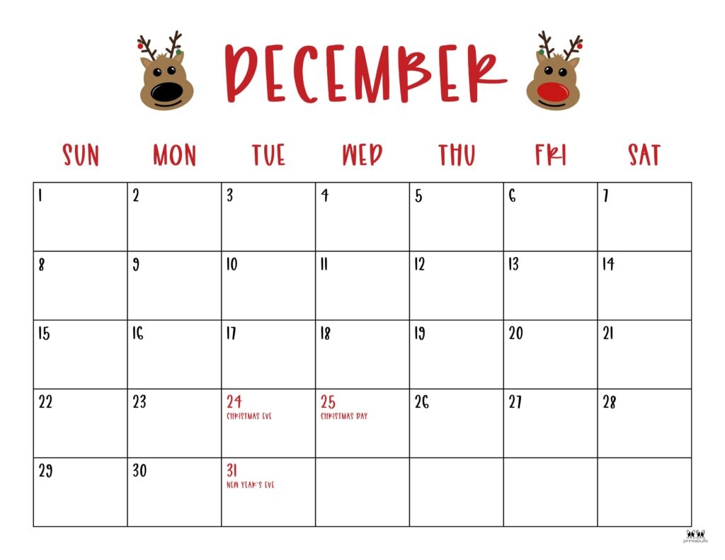 December 2024 Calendars - 50 Free Printables | Printabulls | 2024 December Calendar with Holidays Printable