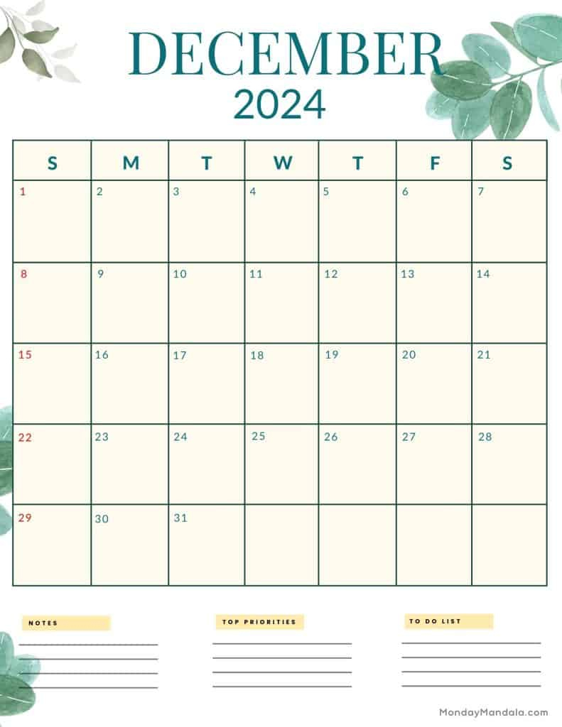 December 2024 Calendars (52 Free Pdf Printables) | December 2024 Calendar Printable Portrait