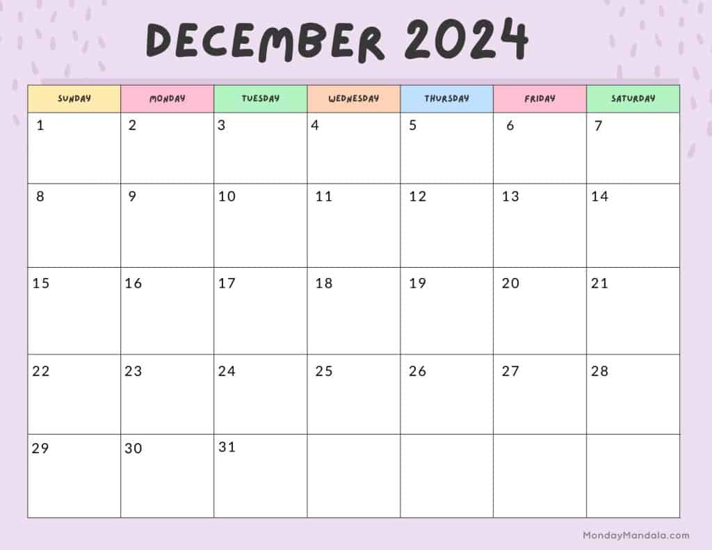 December 2024 Calendars (52 Free Pdf Printables) | December 2024 Printable Calendar Landscape