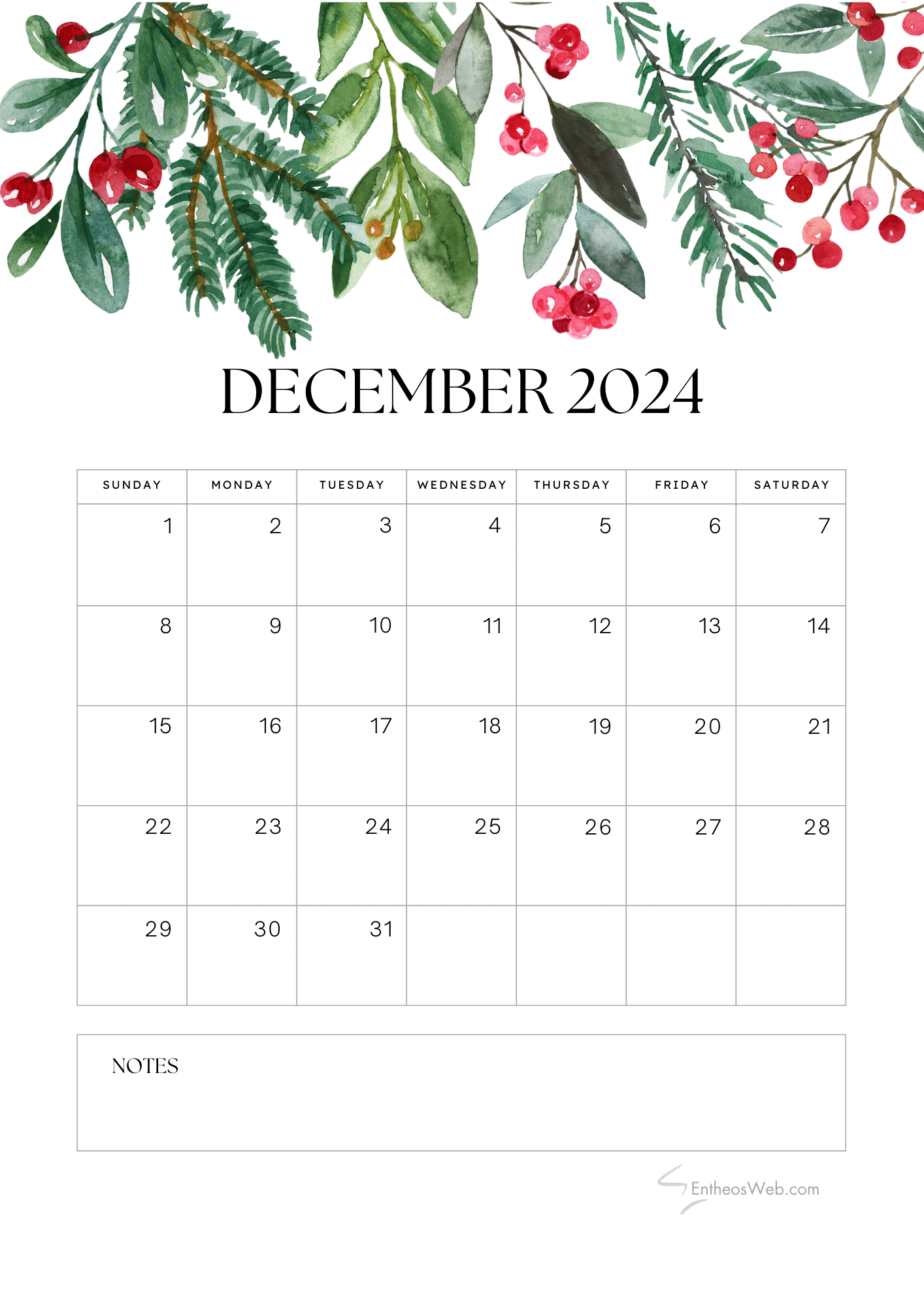 December 2024 Calendars | Entheosweb | A4 Printable Calendar December 2024