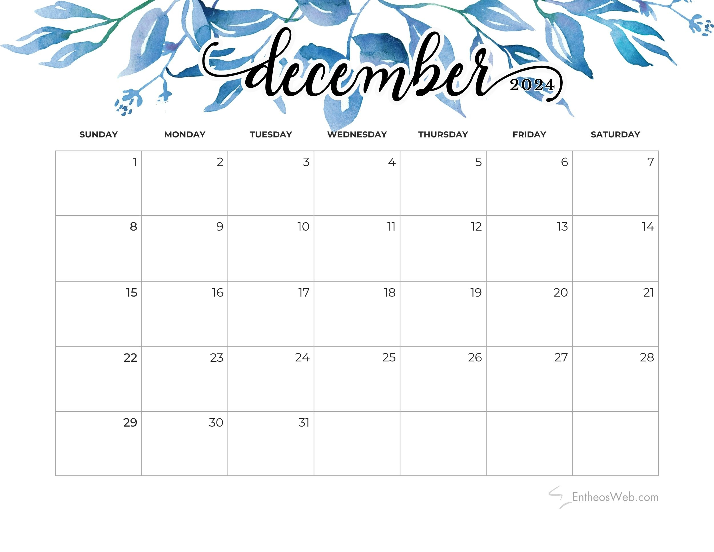 December 2024 Calendars | Entheosweb | Blue Calendar Printable For December 2024