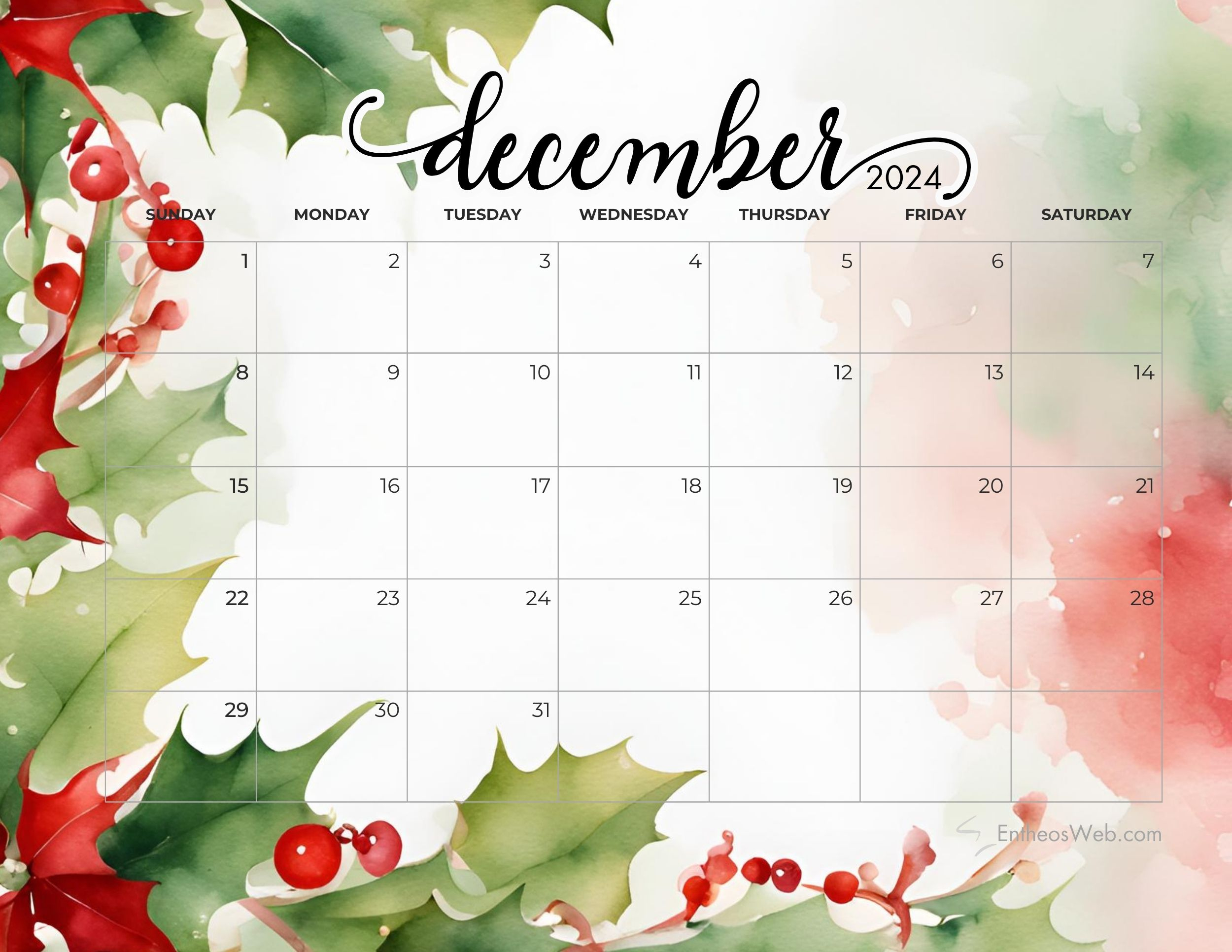 December 2024 Calendars | Entheosweb | December 2024 Color Coded Calendar Pages Printable