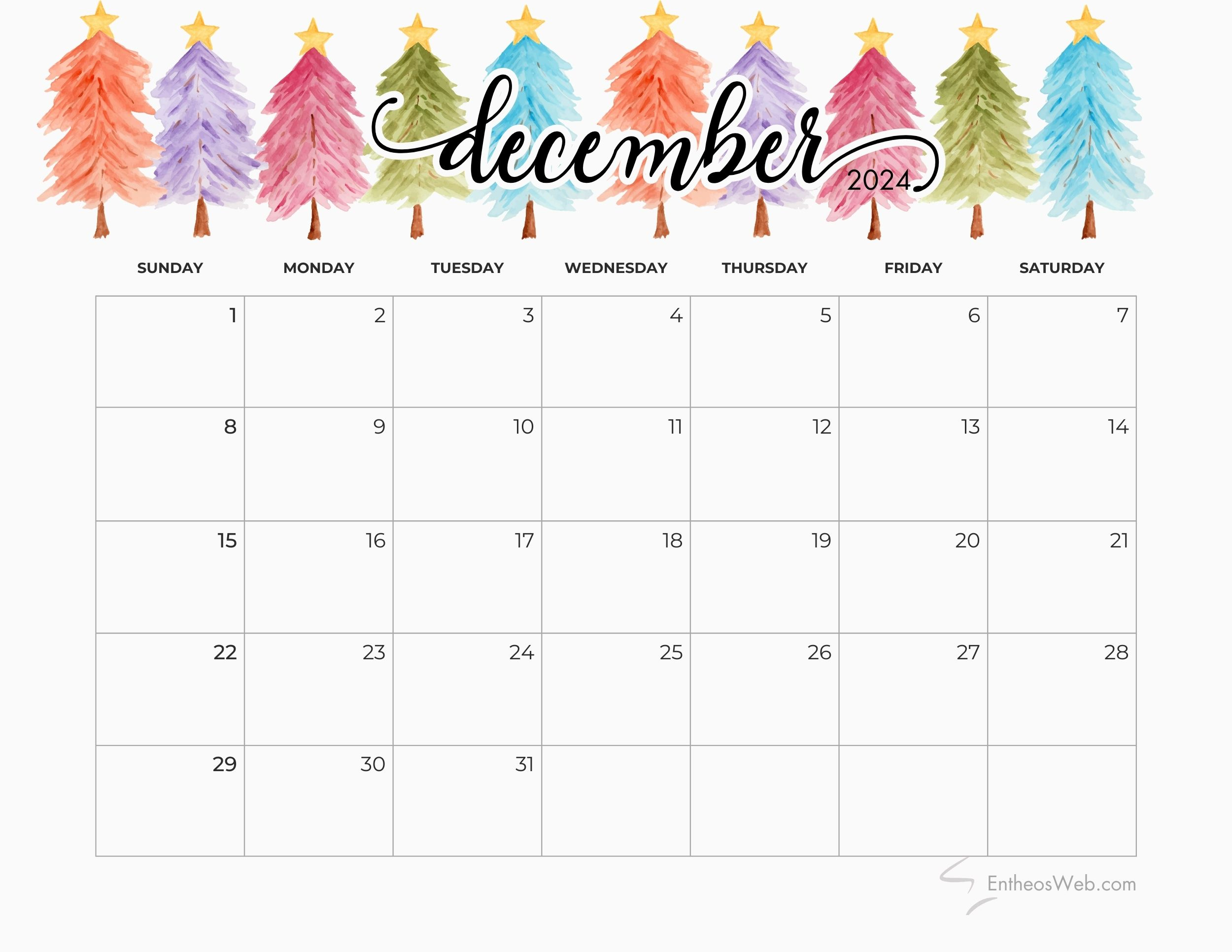 December 2024 Calendars | Entheosweb | December 2024 Color Coded Calendar Pages Printable