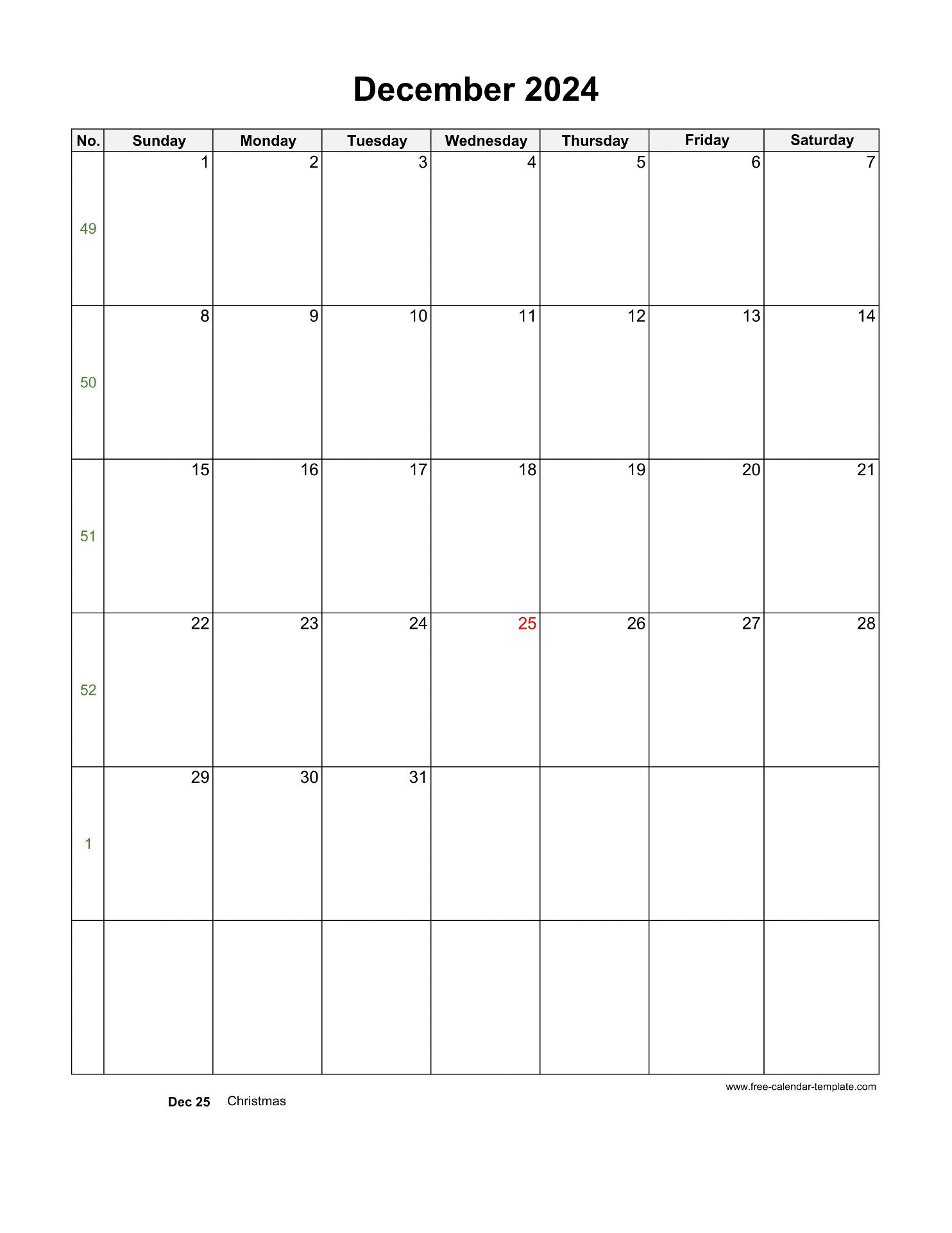 December 2024 Free Calendar Tempplate | Free-Calendar-Template | December 2024 Calendar Printable Vertical