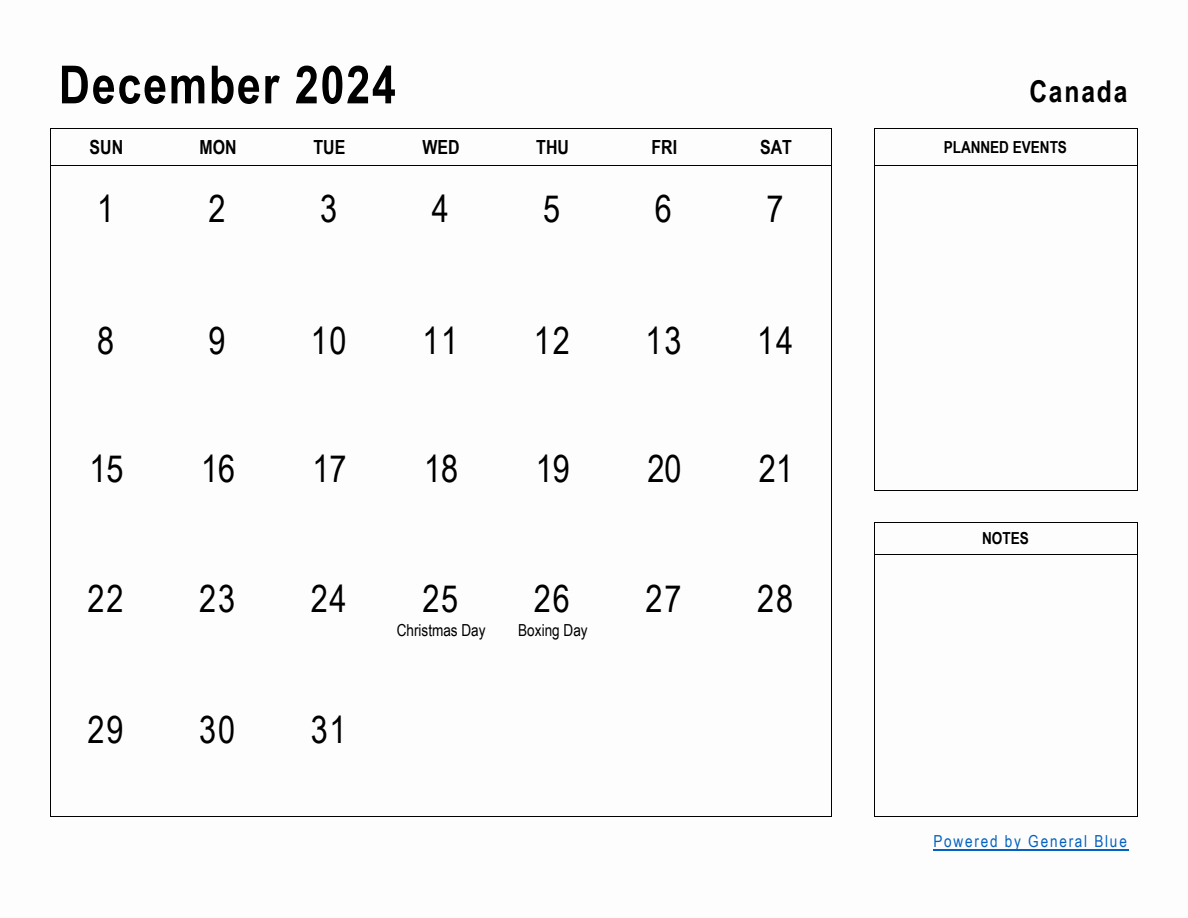 December 2024 Planner With Canada Holidays | December 2024 Calendar Canada Printable