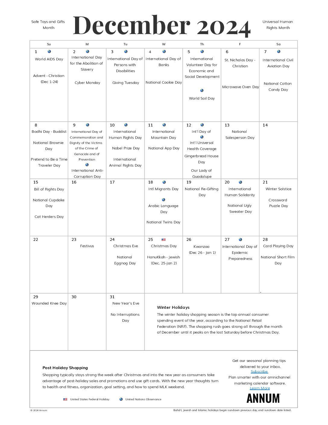 December 2024 Printable Calendar | December Holidays | Annum | 2024 Printable December Calendar With Holidays