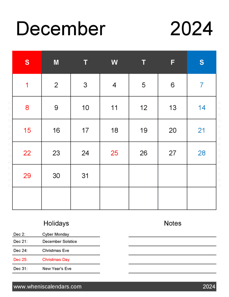 December 2024 Printable Calendar Waterproof Monthly Calendar | December 2024 Calendar Printable Waterproof