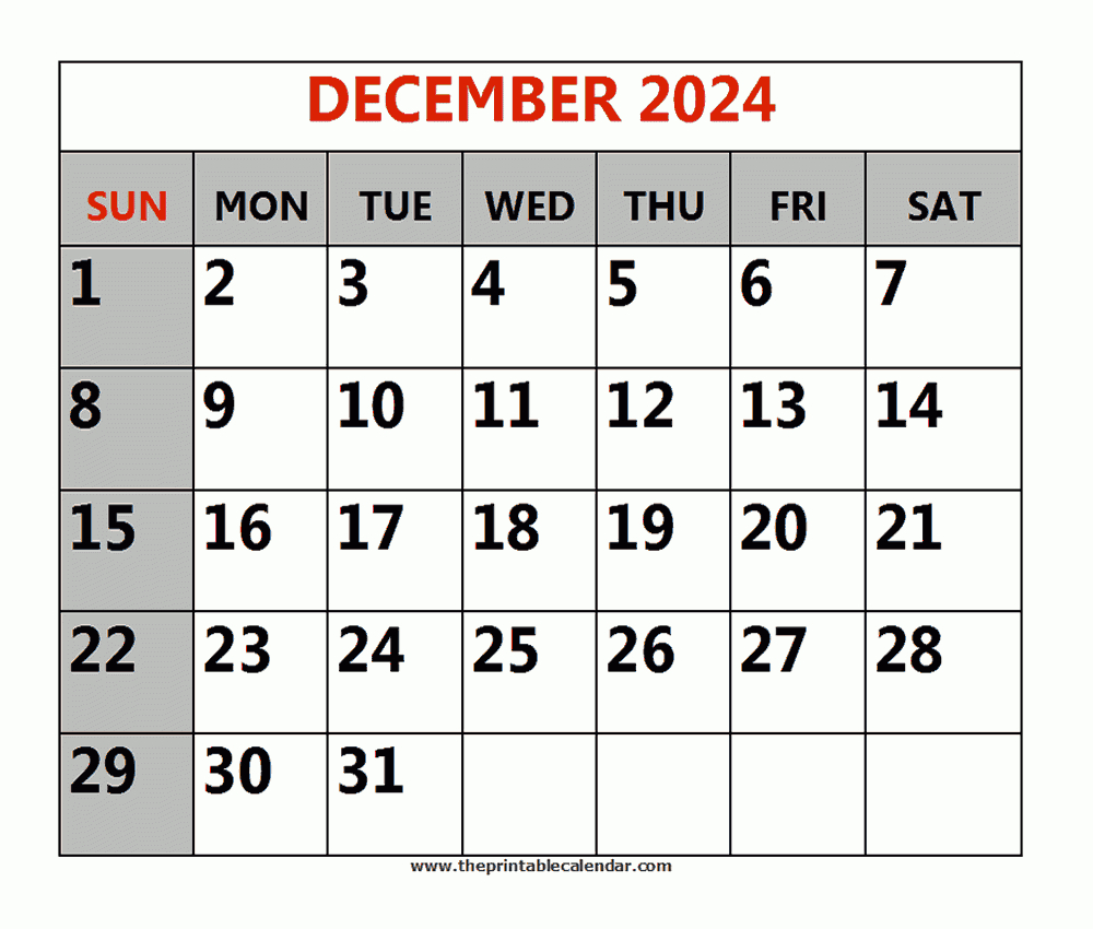 December 2024 Printable Calendars | Calendar 2024 December Printable Mon-Sun