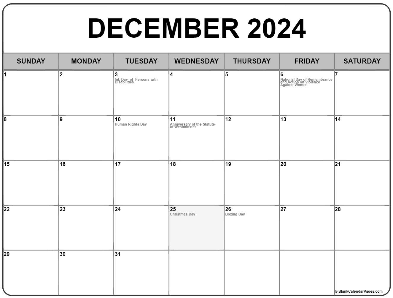 December 2024 With Holidays Calendar | December 2024 Calendar Canada Printable