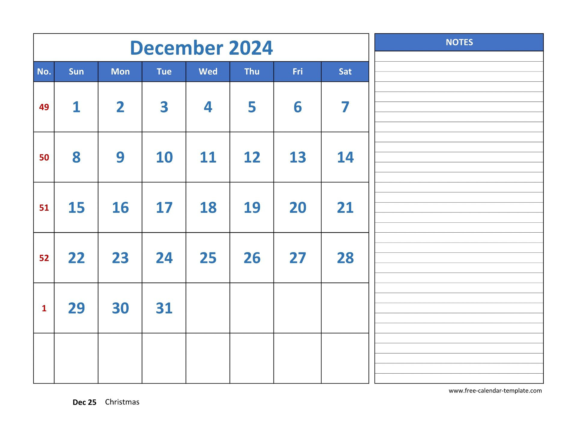 December Calendar 2024 Grid Lines For Holidays And Notes | Calendar 2024 December Printable With Notes