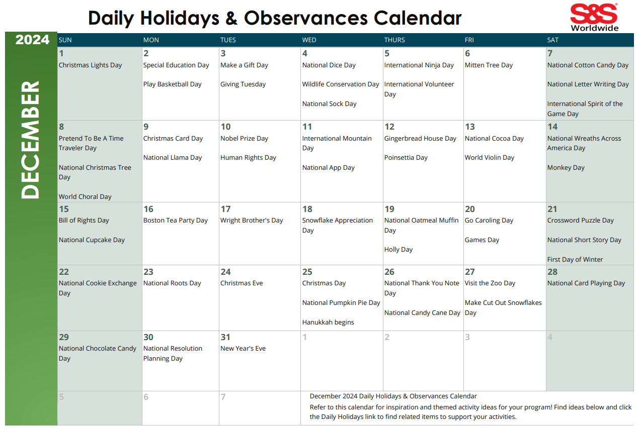 December Daily Holidays &amp;amp; Observances Printable Calendar - S&amp;amp;S Blog | December 2024 Holidays Printable Calendar