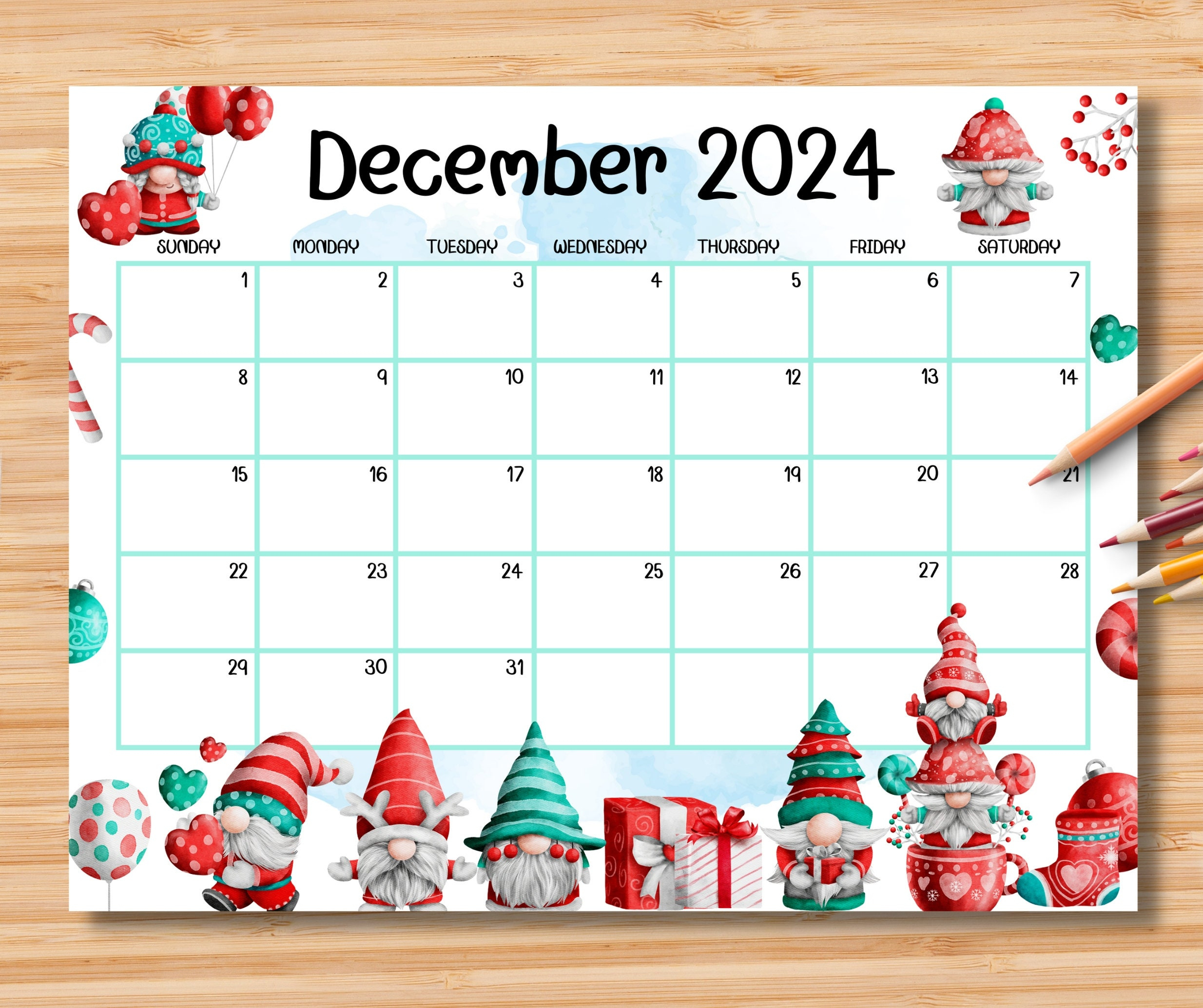 Editable December 2024 Calendar, Adorable Christmas W/ Cute Gnomes | Calendar December 2024 Printable Cute