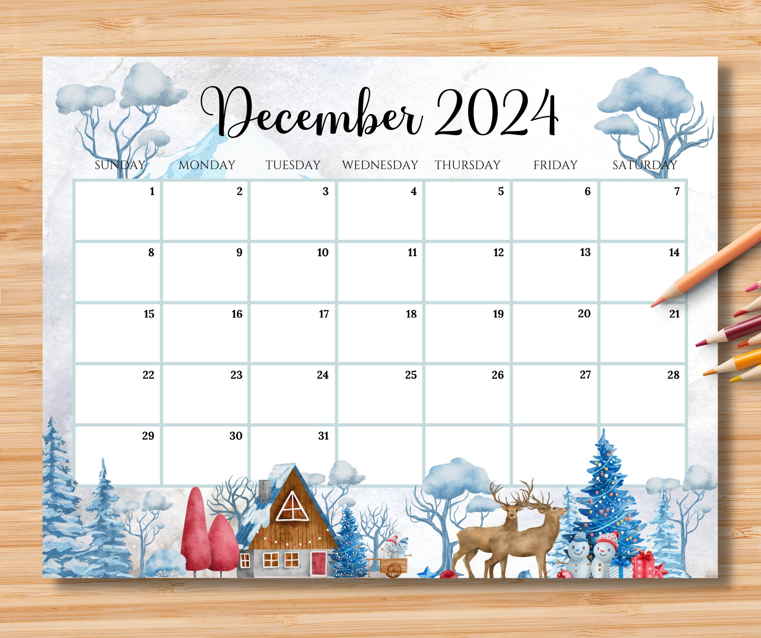 Editable December 2024 Calendar, Beautiful Winter In A Highland | 2024 December Calendar Printable Australia