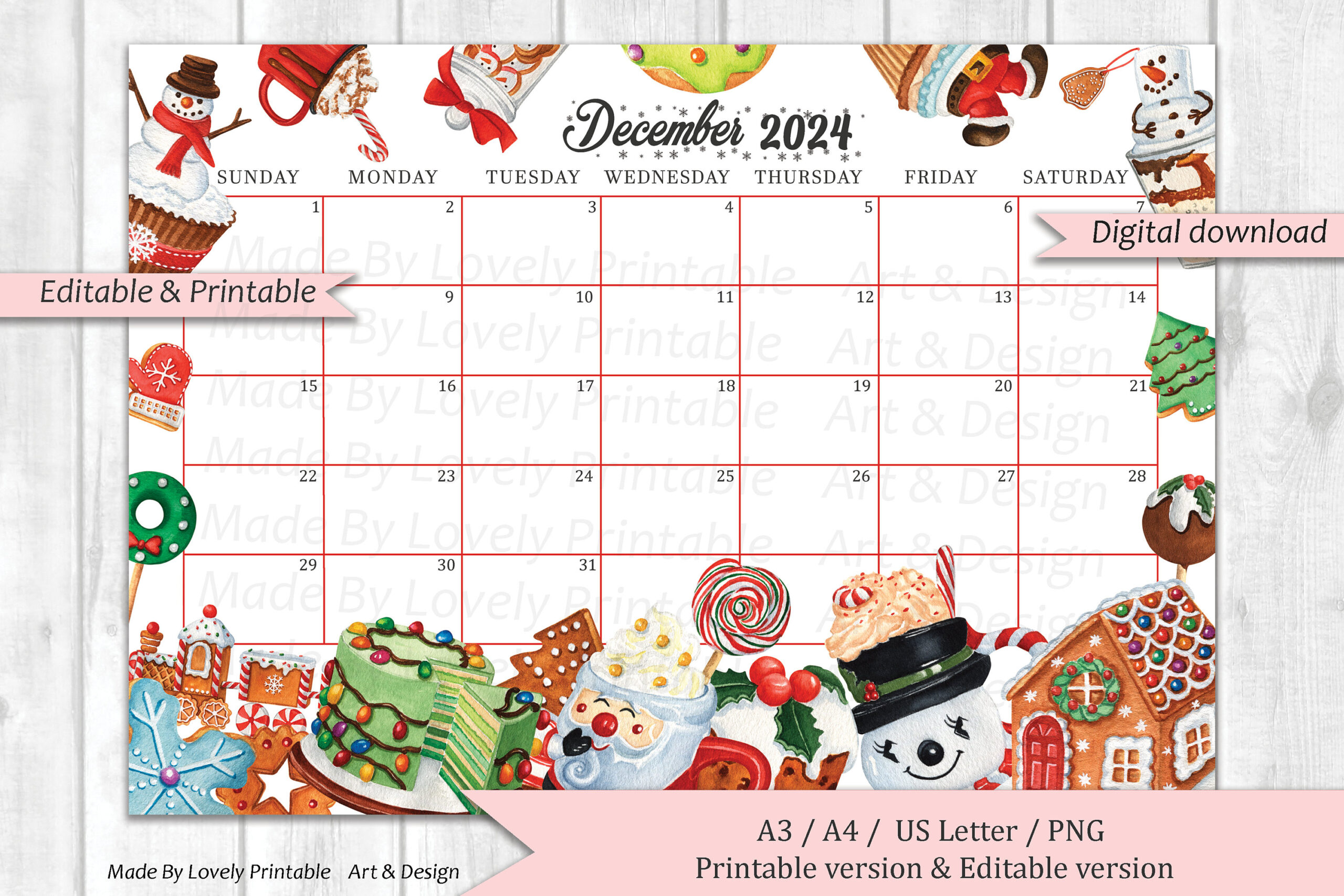 Editable December 2024 Calendar, Christmas Sweets &amp;amp; Drinks | 2024 December Christmas Calendar Printable