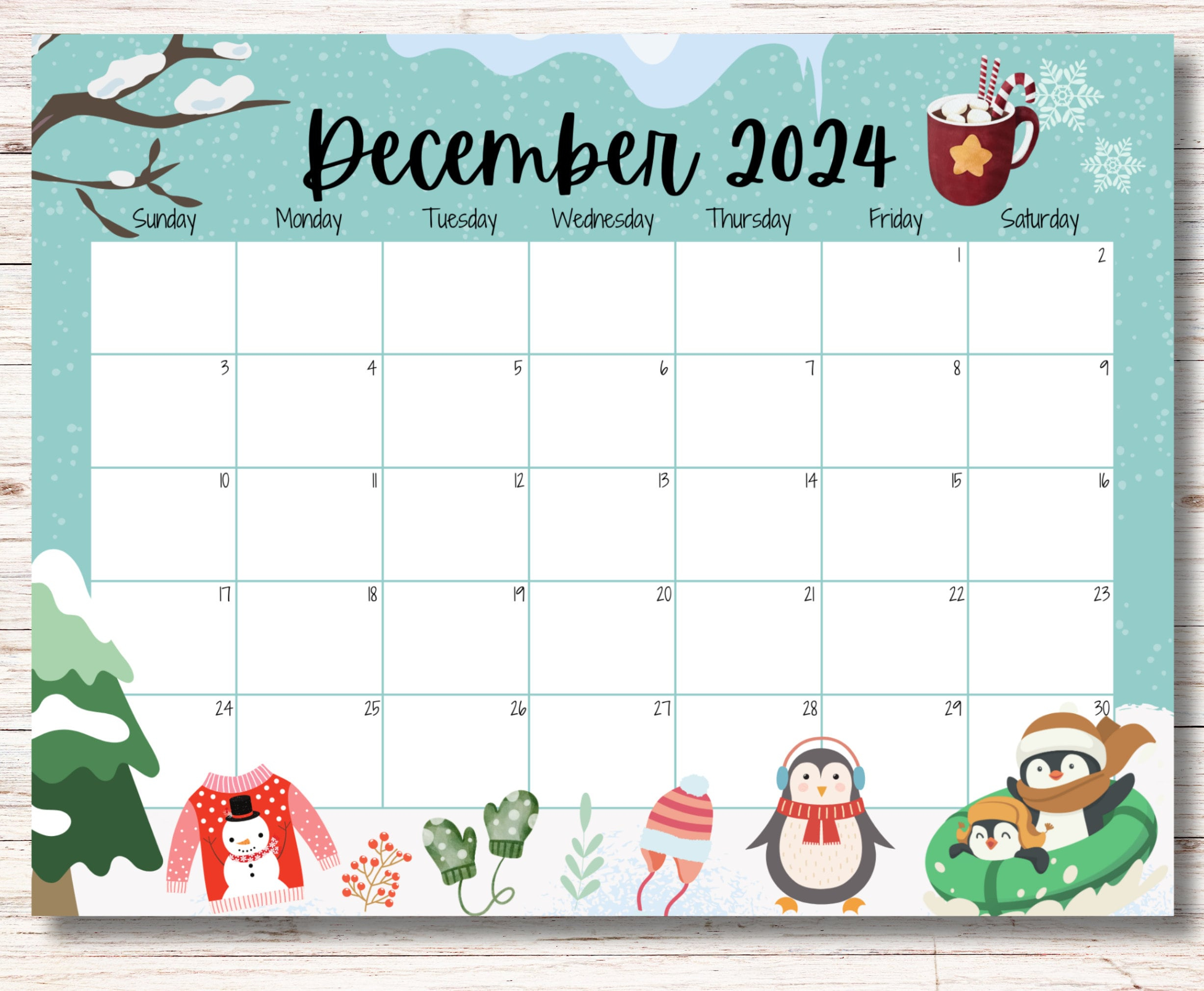 Editable December 2024 Calendar, Cute Penguins, Beautiful Winter | December 2024 Calendar Printable Penguin