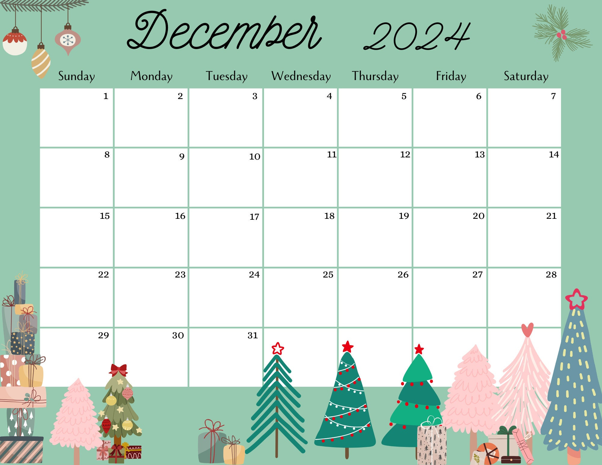 Editable December 2024 Calendar, Fillable Printable Digital | Christmas Themed 2024 December Printable Calendar