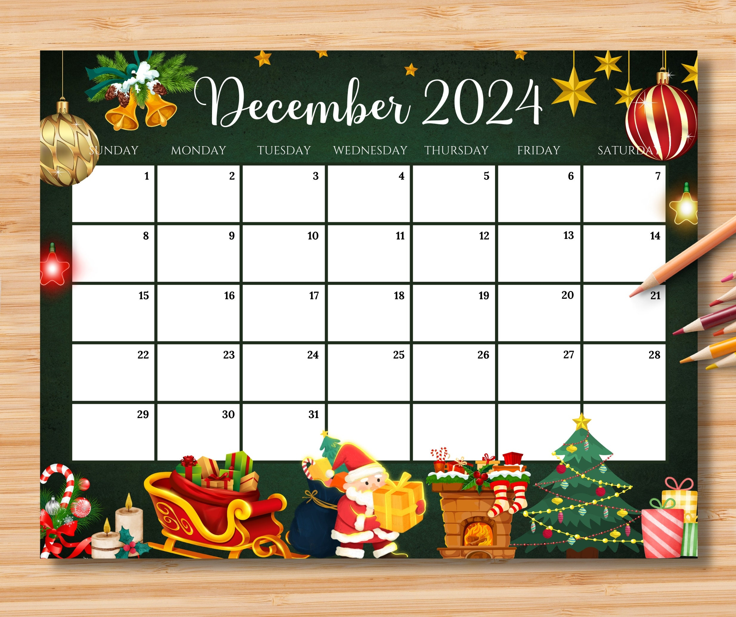 Editable December 2024 Calendar, Gorgeous Christmas With Santa | Christmas Themed 2024 December Printable Calendar