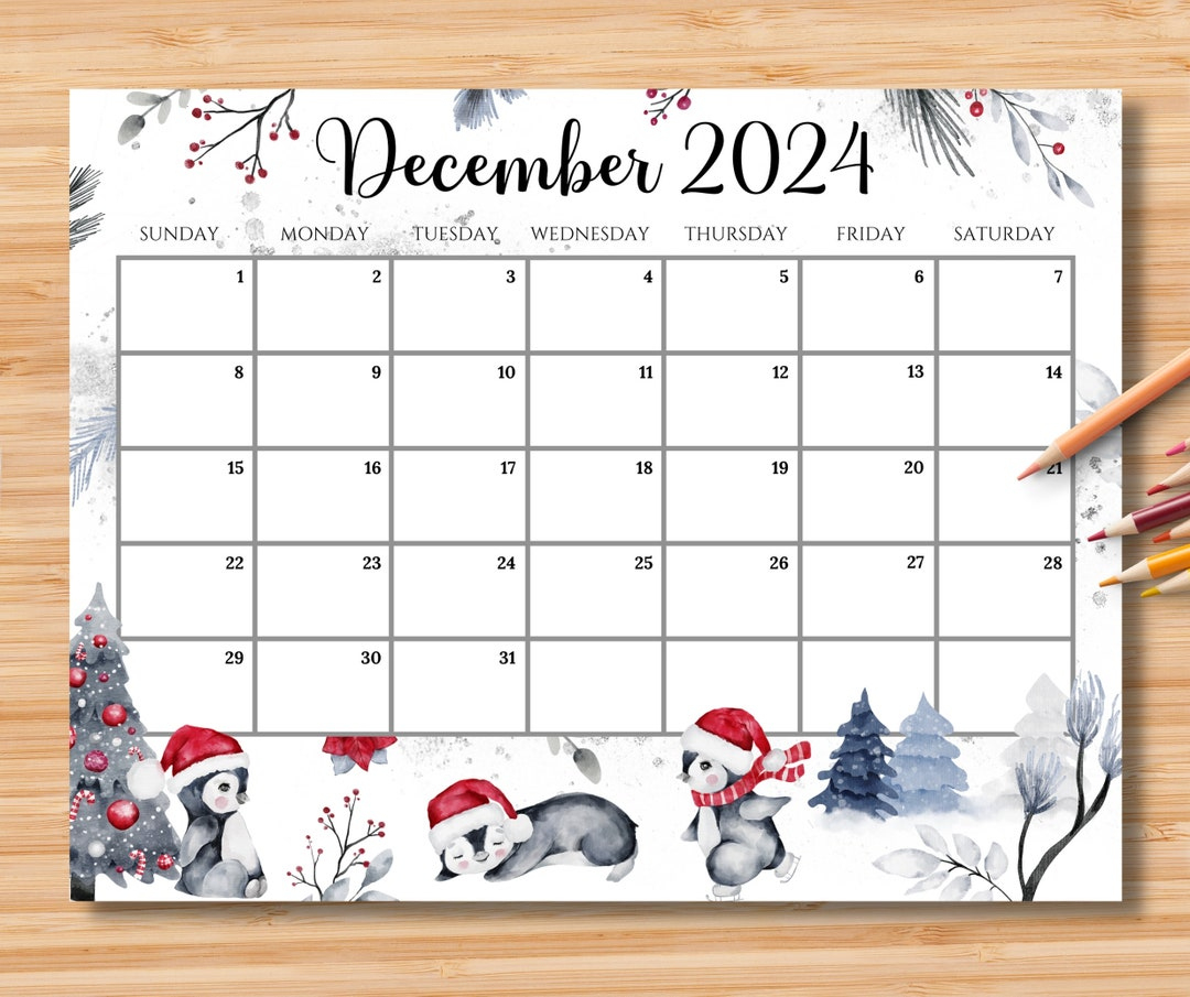 Editable December 2024 Calendar, Joyful Winter W/Cute Penguins | December 2024 Calendar Printable Penguin