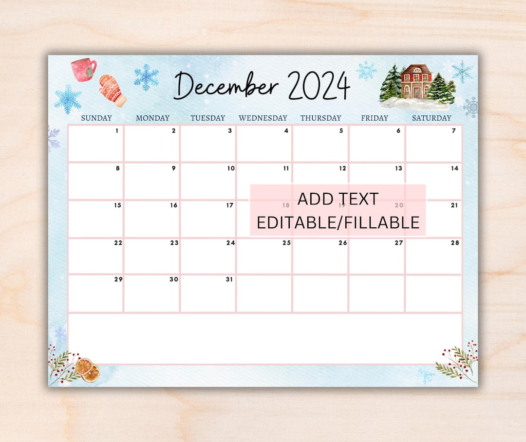 Editable December 2024 Calendar, Printable Monthly Calendar Winter | 2024 December Calendar 8.5X11 Horizontal Printable