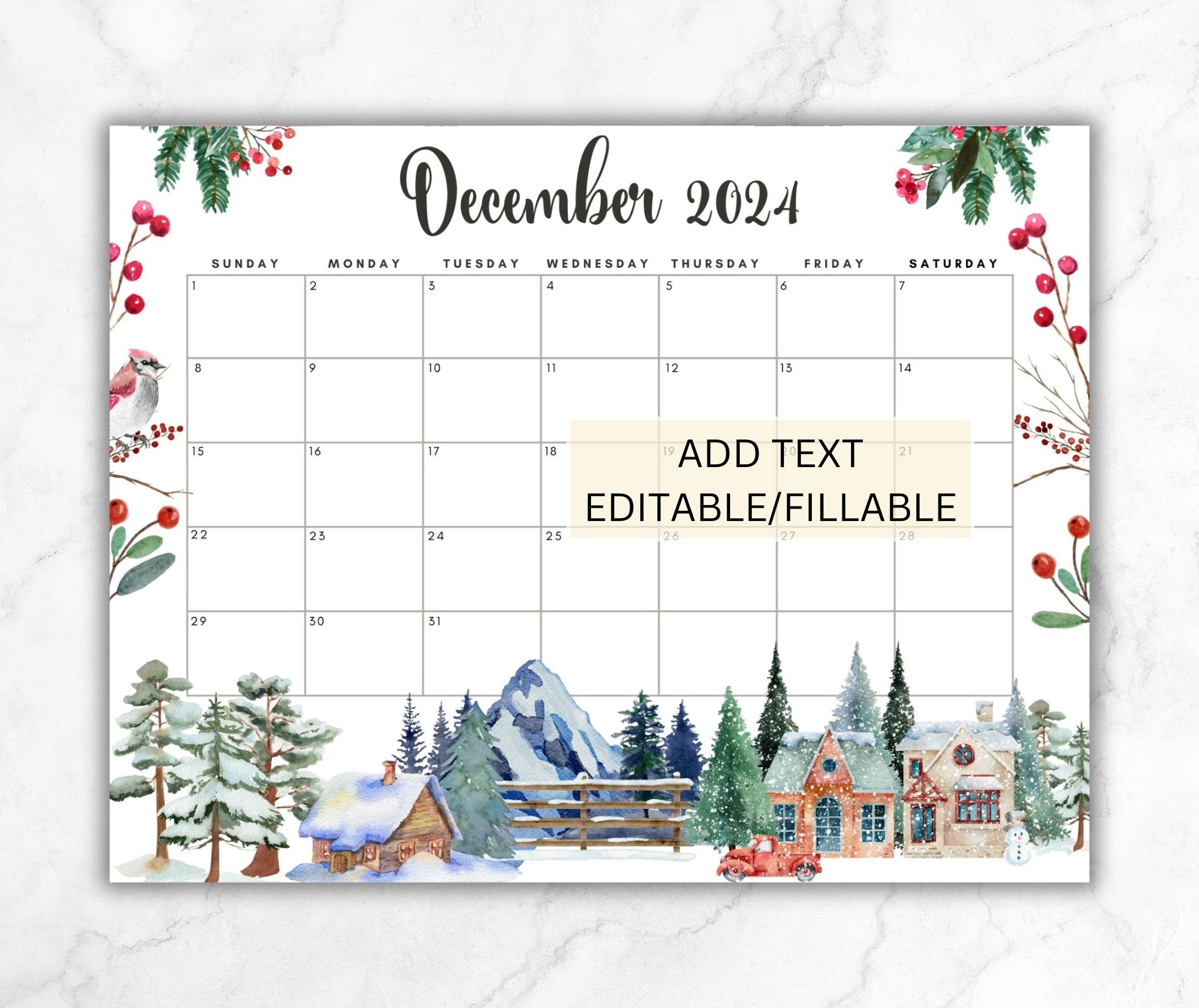 Editable December 2024 Calendar, Printable Wall Calendar 2024 Xmas | 2024 December Calendar 8.5x11 Horizontal Printable