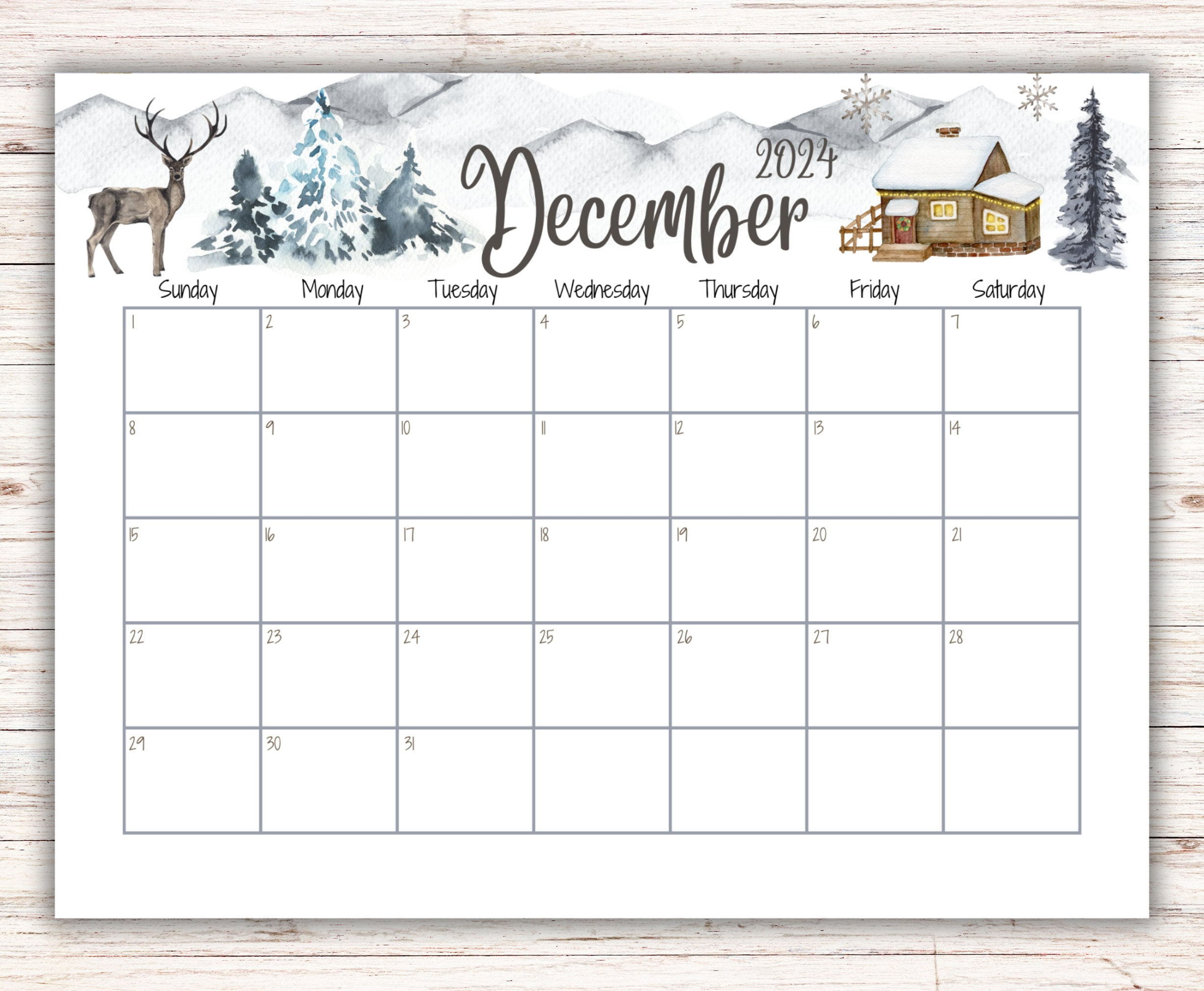 Editable December 2024 Calendar, Snowy House On The Hill And | Calendar December 2024 Printable Weekly