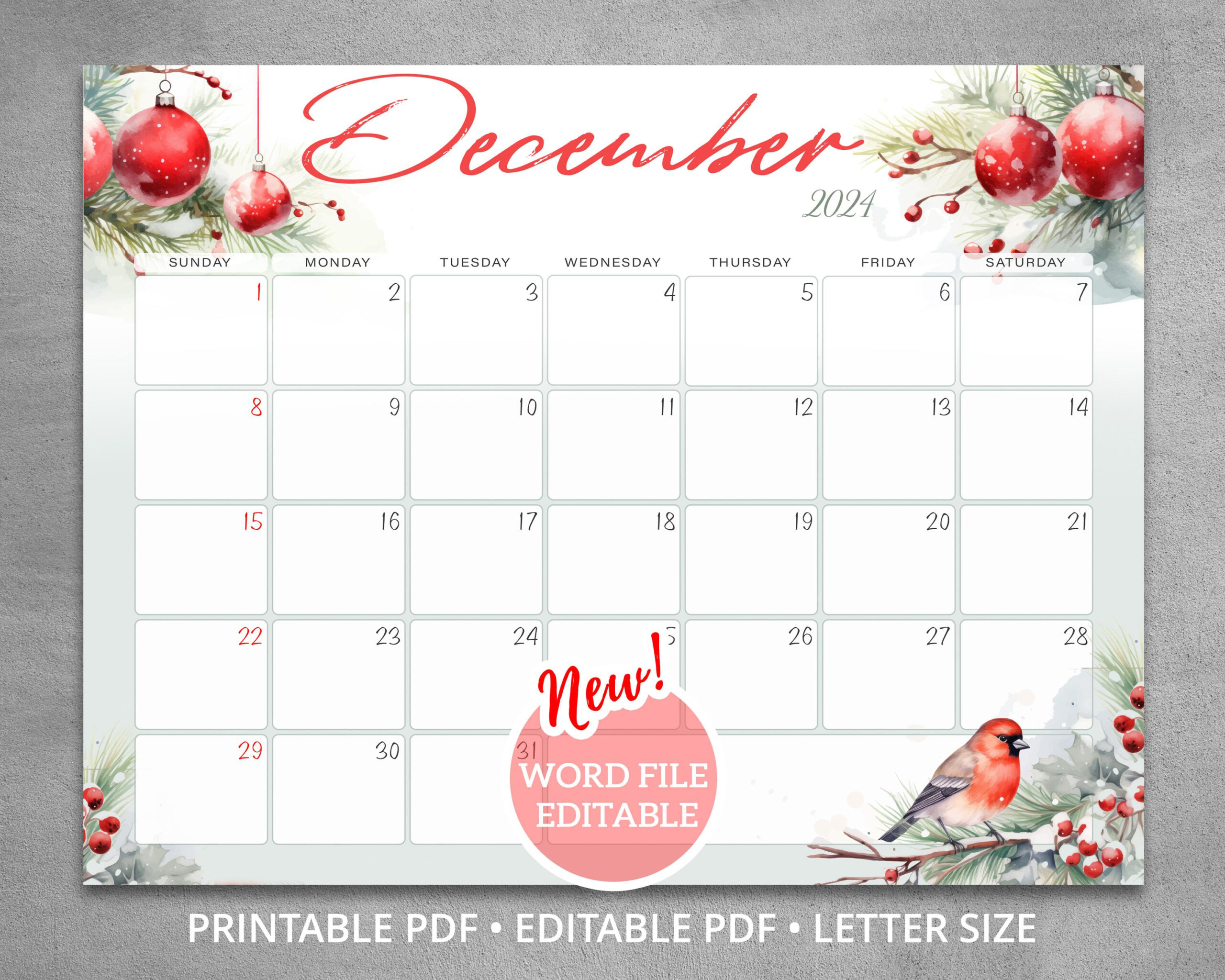 Editable December 2024 Calendar, Wall Calendar Merry Christmas And | 2024 December Calendar 8.5X11 Horizontal Printable