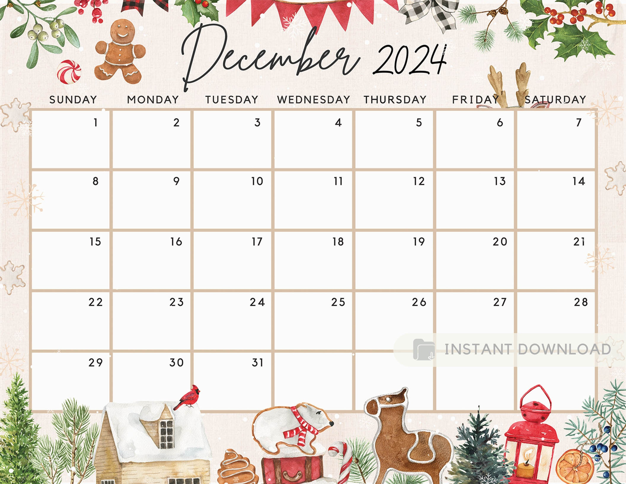 Fillable December 2024 Calendar, Cute Festive Snowy Winter | 2024 December Christmas Calendar Printable